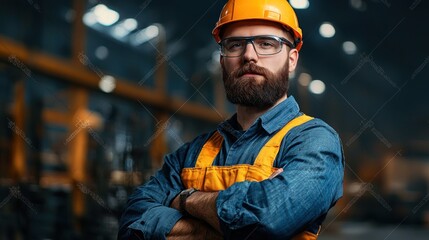 A confident construction worker with crossed arms poses inside a factory setting.