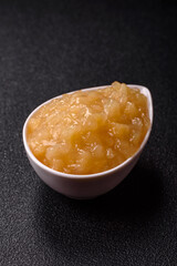 Apple sweet sauce, baby food, canned ingredient for desserts. Apple sauce