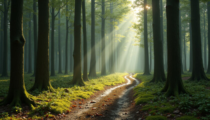 Obraz premium Sunbeams illuminating a winding forest path light rays