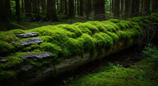 Green moss covered fallen log forest