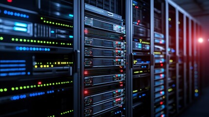 A server room with rows of computer servers, illuminated by blinking lights and a red light source.