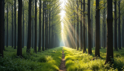 Obraz premium Sunbeams Through Forest Trees Onto Path woods nature