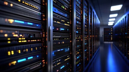 Naklejka premium Rows of server racks in a dark data center, illuminated by glowing lights.