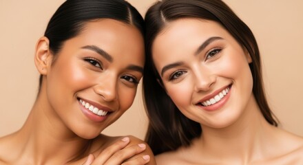Two beautiful women of different ethnicities smile warmly, their radiant skin suggesting good health and beauty