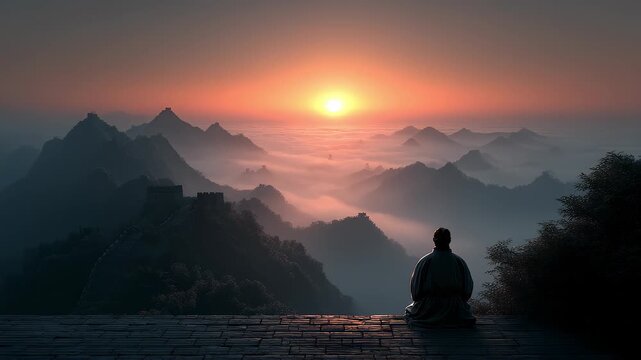 The Great Wall Sunrise Sea of Clouds Meditator Peaceful Mind