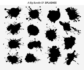 Collection of Various Ink Splatters and Splashes in Black Isolated on White Background silhouette collection