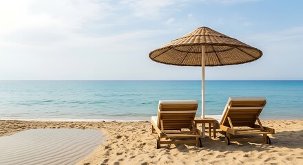 Beach chairs with umbrella, and ocean view.
