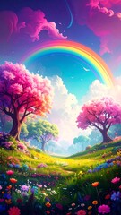 Vibrant spring landscape with rainbow
