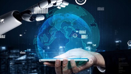 A futuristic scene showcasing the interaction between a human hand and a robotic arm, highlighting...