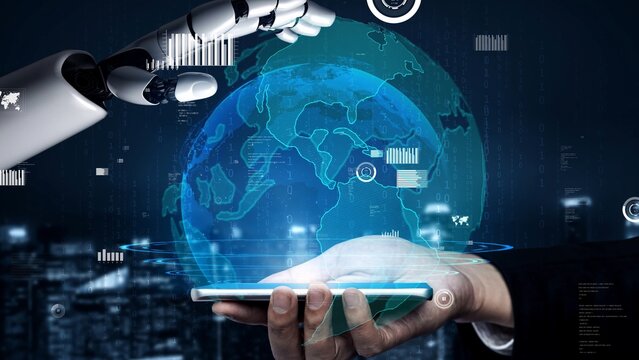 A futuristic scene showcasing the interaction between a human hand and a robotic arm, highlighting themes of technology, innovation, and digital transformation in a connected world. Xenic - Powered by Adobe