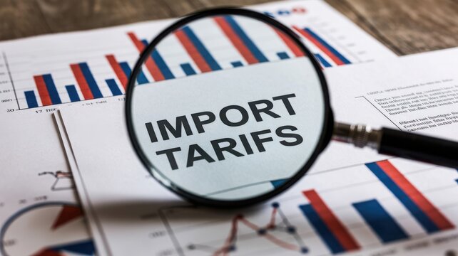 Magnifying glass on business documents with import tarifs graph
