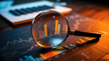 Magnifying glass on financial chart data revealing market analysis and business growth trends