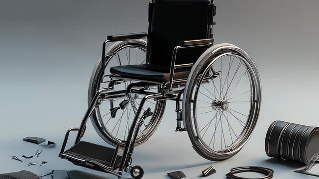 Wheelchair being assembled with spare parts and tools