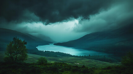 Naklejka premium Captivating stormy weather forming above scenic valley mountains high resolution picture