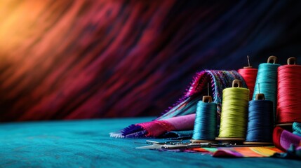 Colorful spools of thread and fabric scraps arranged on a textured blue surface, with artistic lighting.