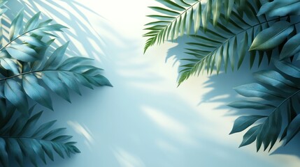 Fototapeta premium Tropical leaves cast soft shadows on a light blue surface.