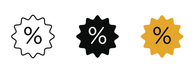 Discount icon in fill colored outline style on a clean white background, representing sales, special offers, and price reductions in shopping.