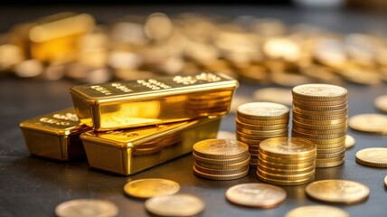 Close up photograph of shiny gold bars and stacks of gold coins a symbol of wealth and investment