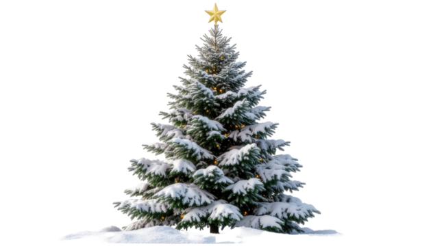 Christmas tree covered with snow and decorated glowing star festive holiday seasonal winter celebration design isolated on white background
