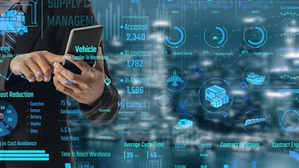 Supply chain management interface showing delivery routes, warehouse efficiency, cost savings, vehicle tracking, procurement ROI, and contract stages. Futuristic supply chain monitoring system. Thunk
