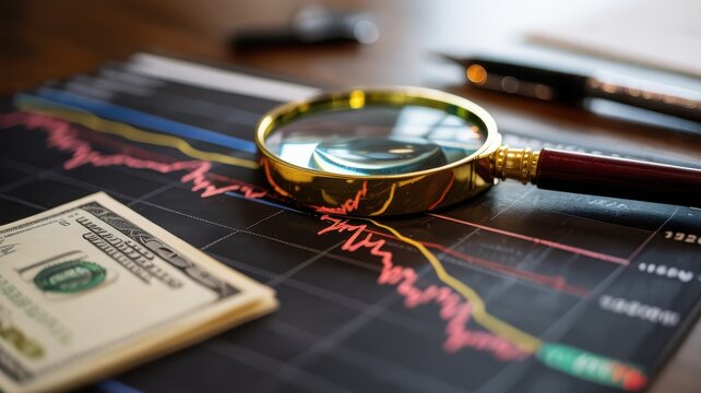 Magnifying glass focused on dollar bills and financial charts with shallow depth of field - Powered by Adobe