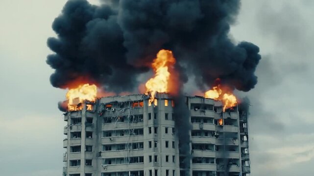 Time-lapse Donbass residential building intact daily life visible windows. Gradually, bomb explosions, smoke, debris fire circles building, Post destruction silence, Cinematic 4K emotional impact