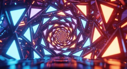 Abstract Geometric Tunnel with Vibrant Neon Lights and Triangles