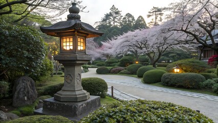 Obraz premium Scenic Pathway Through Lush Green Garden with Blooming Trees and Lanterns at Dusk or Dawn.