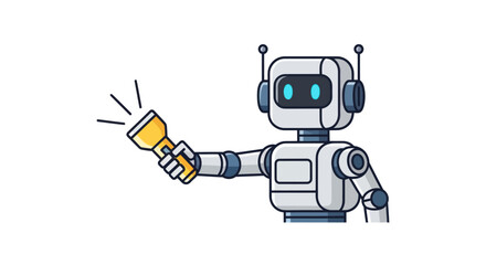 A friendly cartoon robot with blue glowing eyes holding a shining yellow flashlight.