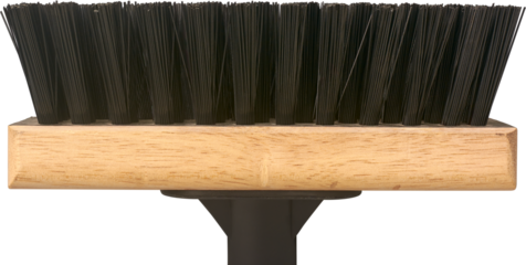close-up of deck brush wooden head and black bristles, isolated white background. essential cleaning tool for hard surfaces