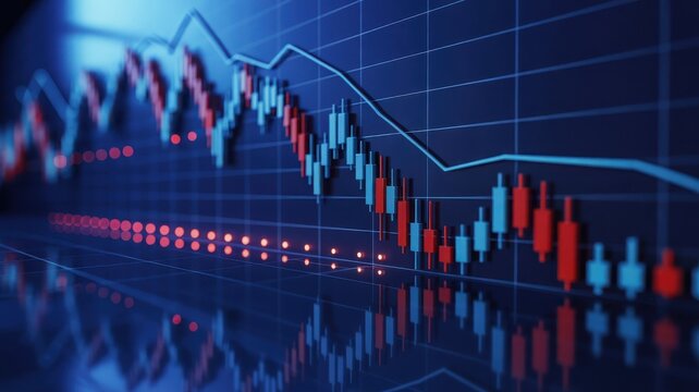 Stock market chart showing a downward trend with red and blue candlesticks