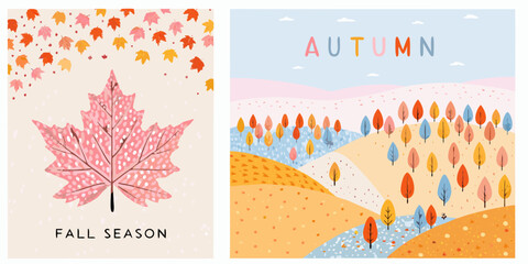 Fototapeta premium Cute autumn landscape with falling leaves and maple leaf illustration