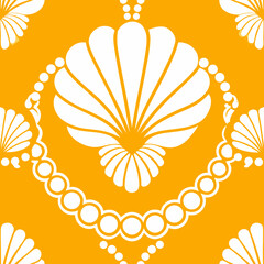 Vibrant white floral and pearl pattern design on bold orange background, perfect for decorative textiles, stationery, or digital backgrounds
