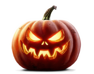 A carved halloween pumpkin with evil eyes and face isolated on white.
