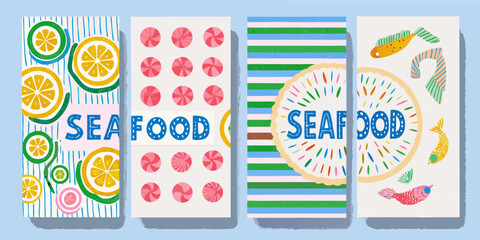 Colorful seafood menu designs with citrus and fish illustrations