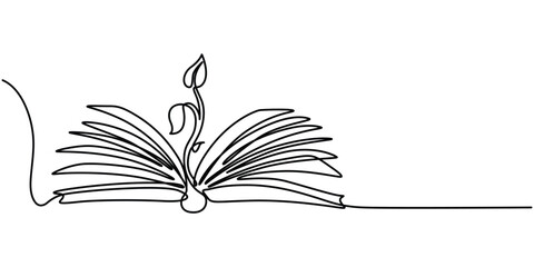 Open book continuous line drawing. Education and literature concept with plant growing