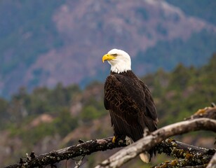 Bald eagle perched on a branch overlooking a landscape