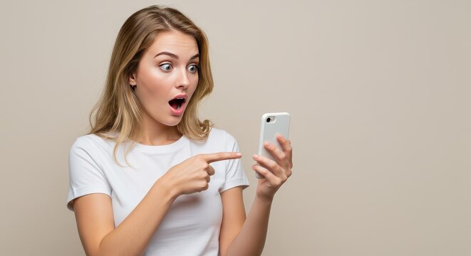 Surprised Glance at the Screen: A woman reacts with astonishment and intrigue while pointing at her phone screen, her expression a mix of shock and fascination.