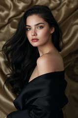 Naklejka premium Black-haired beautiful woman with long flowing hair wrapped in black silk and surrounded in silk portrait format generative AI