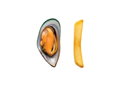 A mussel shell, open, displays vibrant hues, contrasted by a golden french fry, set against a bold black background.