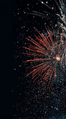 Colorful fireworks burst across a deep blue night sky, with sparkling bokeh lights and glowing sparks creating a festive, celebratory atmosphere.