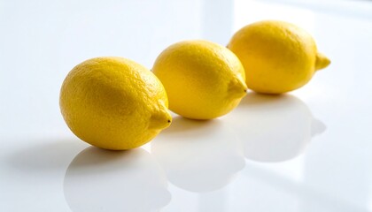 Three vibrant yellow lemons arranged in a row on a bright white surface
