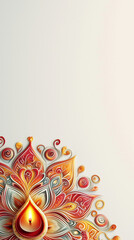 Decorative Diwali diya with intricate paisley and mandala patterns in warm red and gold quilling style, glowing at the corner on a light background.