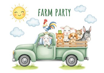Whimsical Watercolor Farm Animals Celebrating a Festive Party in a Rustic Vintage Pickup Truck