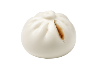 A single, steamed bao filled with savory ingredients is displayed against a pure black background.