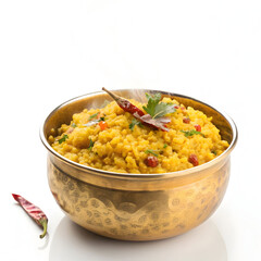 Nutritious chana dal khichdi served in a brass bowl. A wholesome Indian comfort food