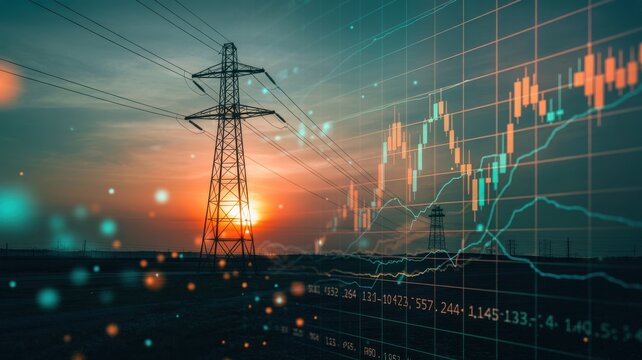 Electric power transmission tower at sunset with overlay of financial stock market data charts