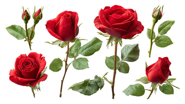 Beautiful collection of vibrant red rose flowers buds and leaves on black isolated background for romantic occasions