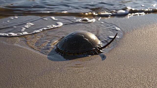 Close-up video shot of a horseshoe crab on a sandy beach, captured from a low angle, highlighting its texture and the gentle waves in the background.