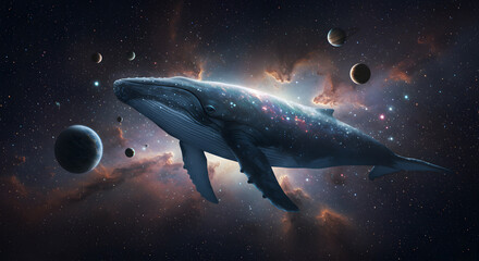 Abstract Cosmic Whale Floating Through Galaxy with Planets and Nebula Clouds Under Diffused Illumination in Deep Space Setting